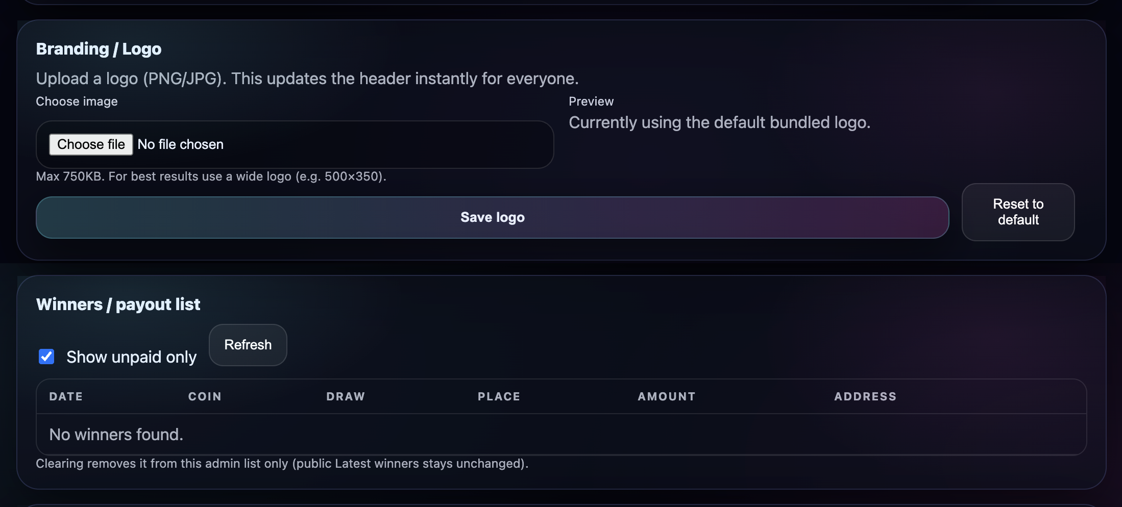Admin can change logo and see winners payouts list