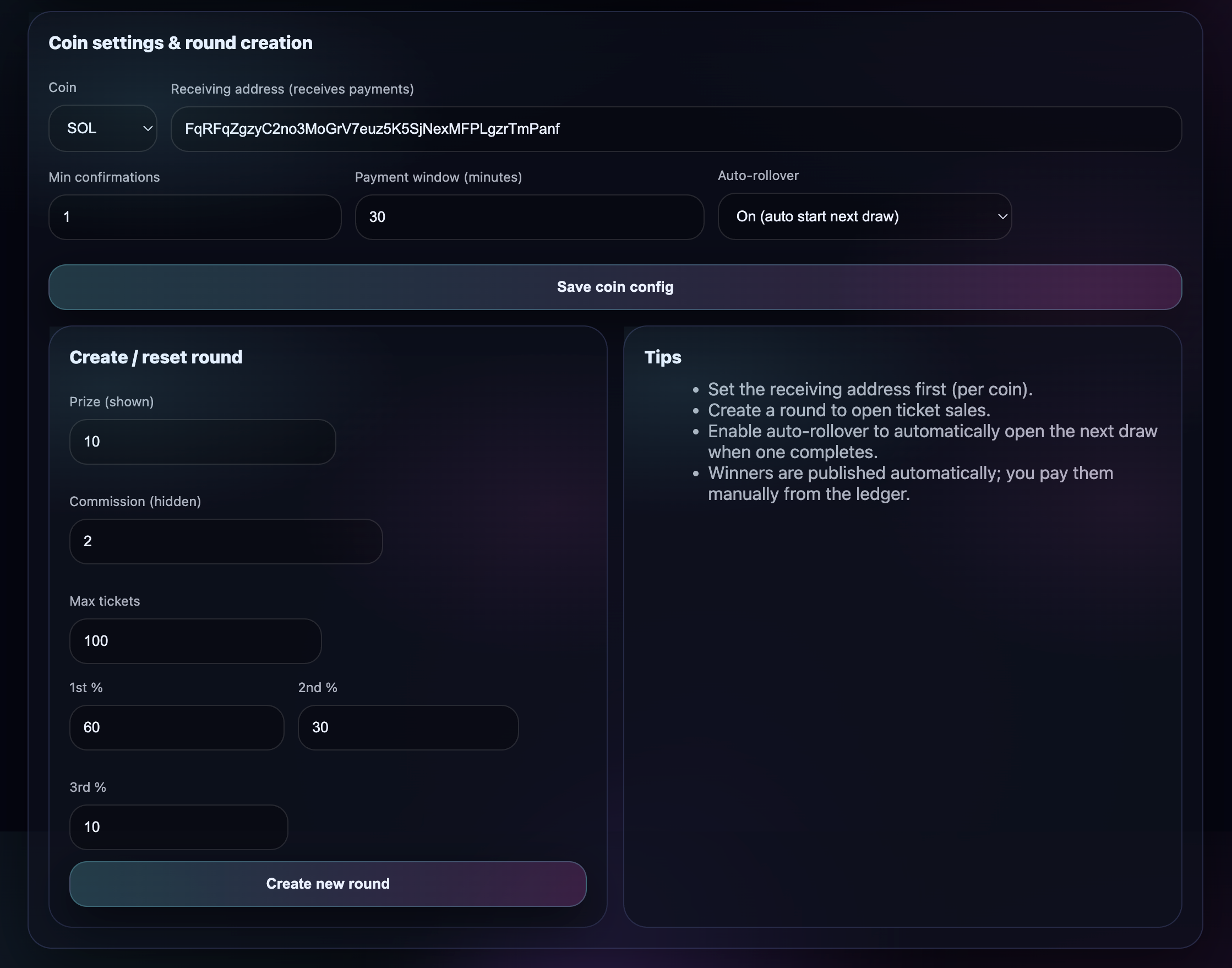 Admin enters crypto address and creates a draw