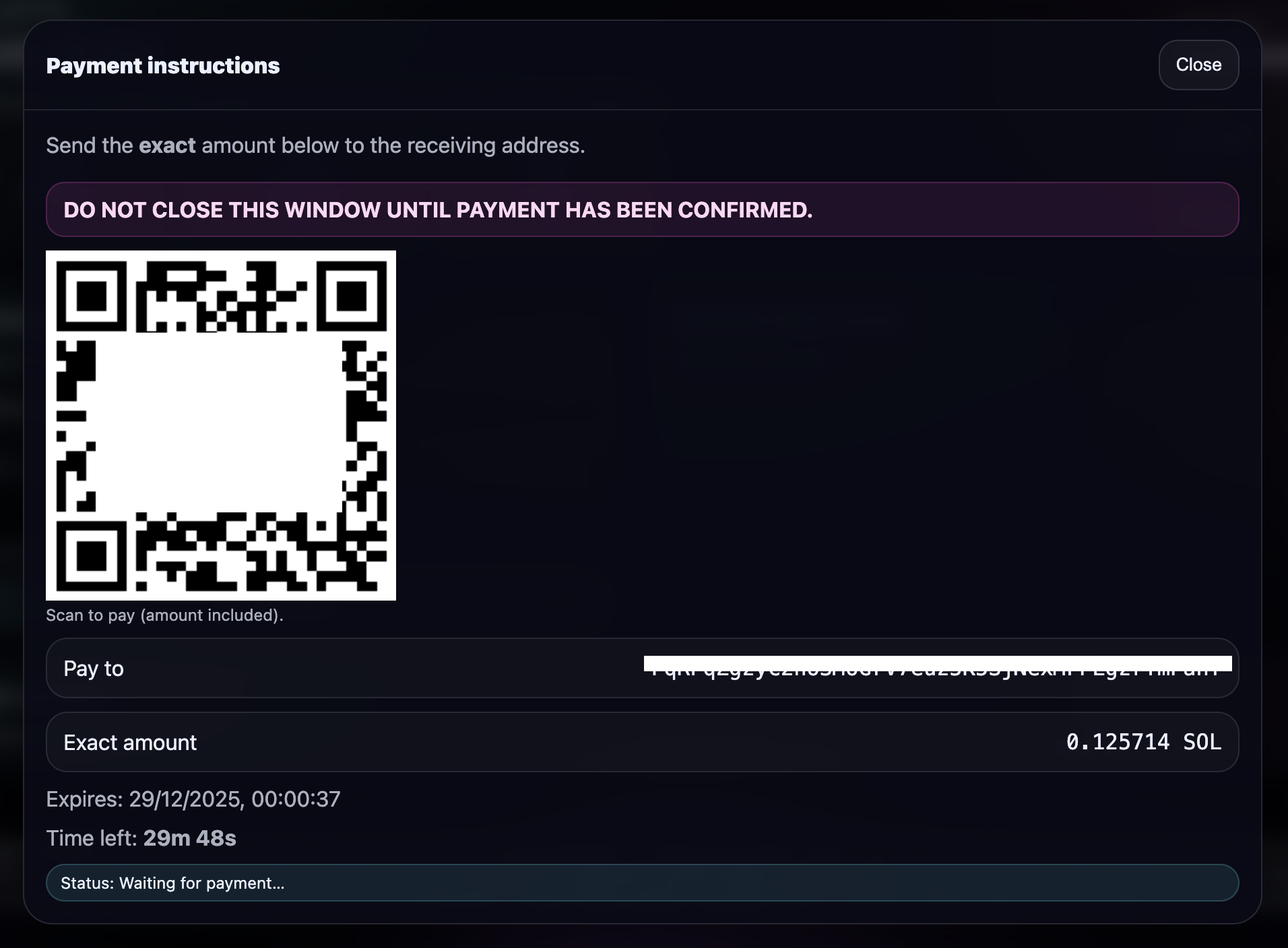 Payment window with QR code